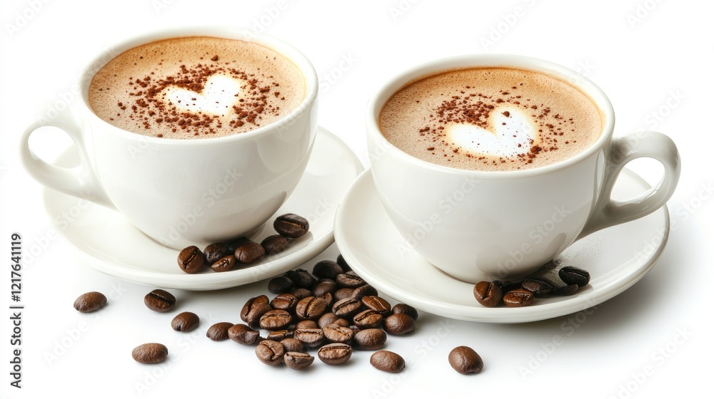 Fototapeta premium Two cups of cappuccino with heart-shaped foam on top surrounded by coffee beans on white background Copy Space