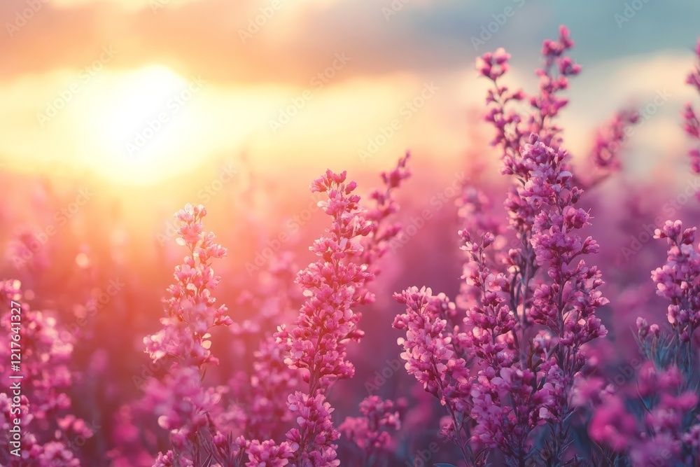 Obraz premium Vibrant pink flowers bloom under a golden sunset in a serene landscape
