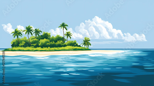 Deep blue seawater surrounding white beaches and green coconut grove island. Ocean Grove. Illustration
