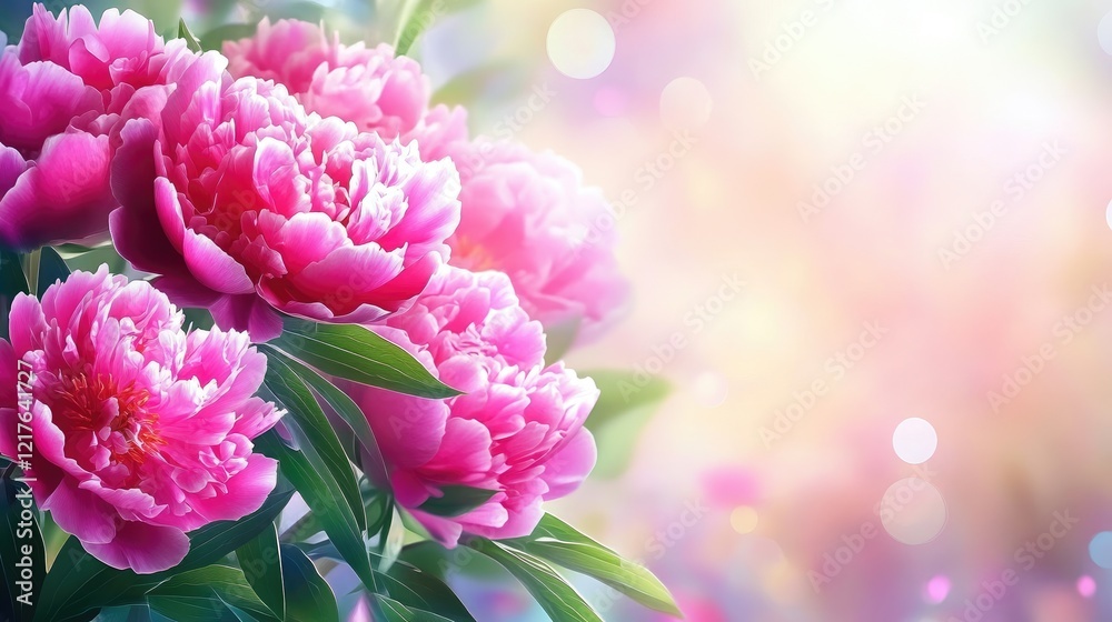 Pink peony flowers in soft focus with bokeh background and copy space for text. Bright floral composition for spring or summer themes. Pink peony flowers in soft focus with bokeh background and copy space for text. Bright floral composition for spring or summer themes.