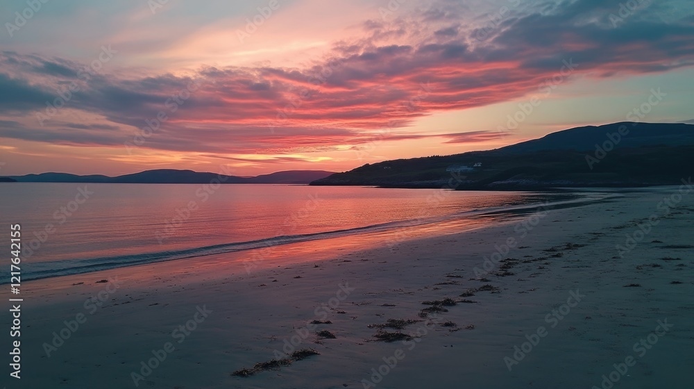 Sunset over tranquil beach with colorful sky reflected in calm water and footprints in the sand Copy Space Sunset over tranquil beach with colorful sky reflected in calm water and footprints in the sand Copy Space