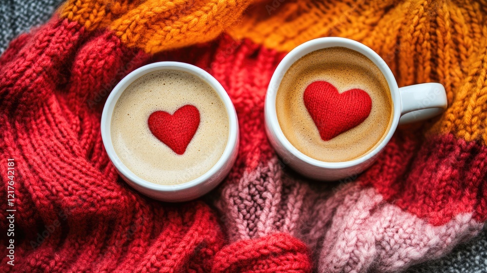 Cups of coffee with heart-shaped foam on colorful knitted blankets Copy Space Cups of coffee with heart-shaped foam on colorful knitted blankets Copy Space