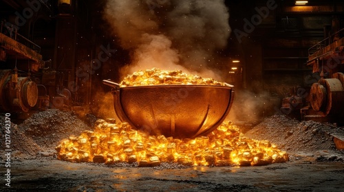 Gold smelting furnace glowing ingots factory
