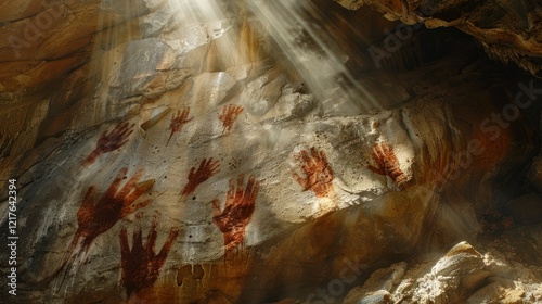 Ancient hand prints on cave walls illuminated by golden rays of light. photo