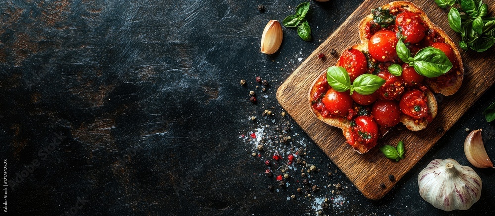 Italian Tomato Basil Bruschetta on Rustic Board with Garlic Fresh Herbs and Spices in Close Up with Empty Space for Text Addition Italian Tomato Basil Bruschetta on Rustic Board with Garlic Fresh Herbs and Spices in Close Up with Empty Space for Text Addition