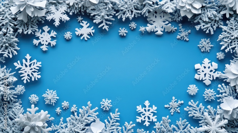 Snowflake and Paper Flower Frame with Copy Space on Blue Background for Winter and Holiday Designs Snowflake and Paper Flower Frame with Copy Space on Blue Background for Winter and Holiday Designs