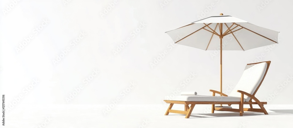 Beach umbrella and lounge chair on white background ideal for summer vacation promotions with spacious area for text and branding Beach umbrella and lounge chair on white background ideal for summer vacation promotions with spacious area for text and branding