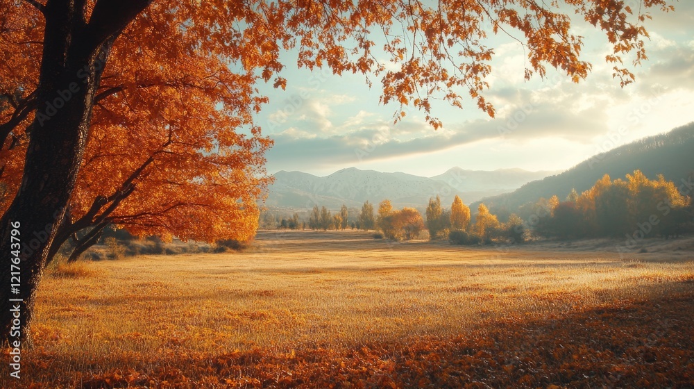 Vibrant Autumn Landscape with Majestic Trees and Mountains Under a Soft Golden Sky Vibrant Autumn Landscape with Majestic Trees and Mountains Under a Soft Golden Sky