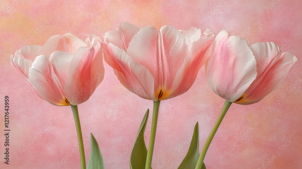 Fototapeta premium Pink tulips against a soft pastel background with copy space for text. Floral arrangement in a minimalist style.