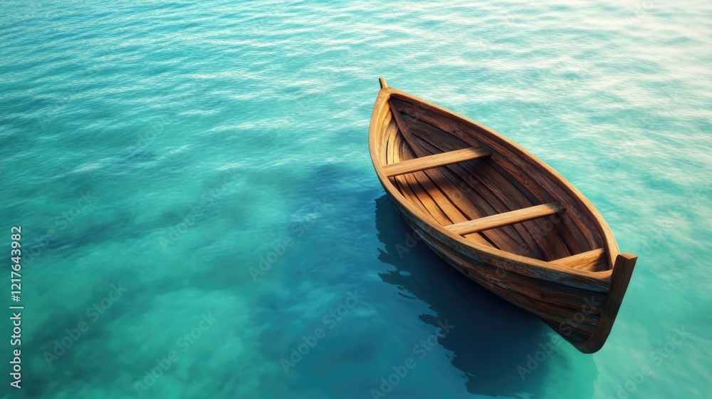 Wooden boat floating on clear turquoise water with natural reflections and calm surface ideal for outdoor or nautical themes Copy Space Wooden boat floating on clear turquoise water with natural reflections and calm surface ideal for outdoor or nautical themes Copy Space