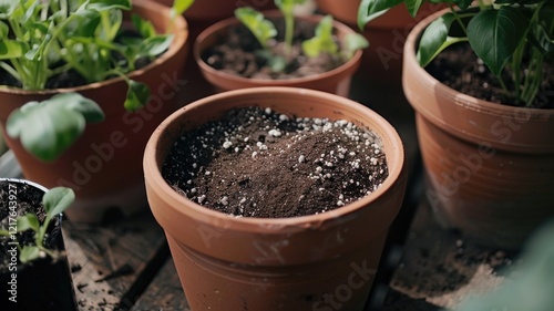 Fototapeta Naklejka Na Ścianę i Meble -  Nurture growth with organic potting soil in terracotta containers for indoor gardening