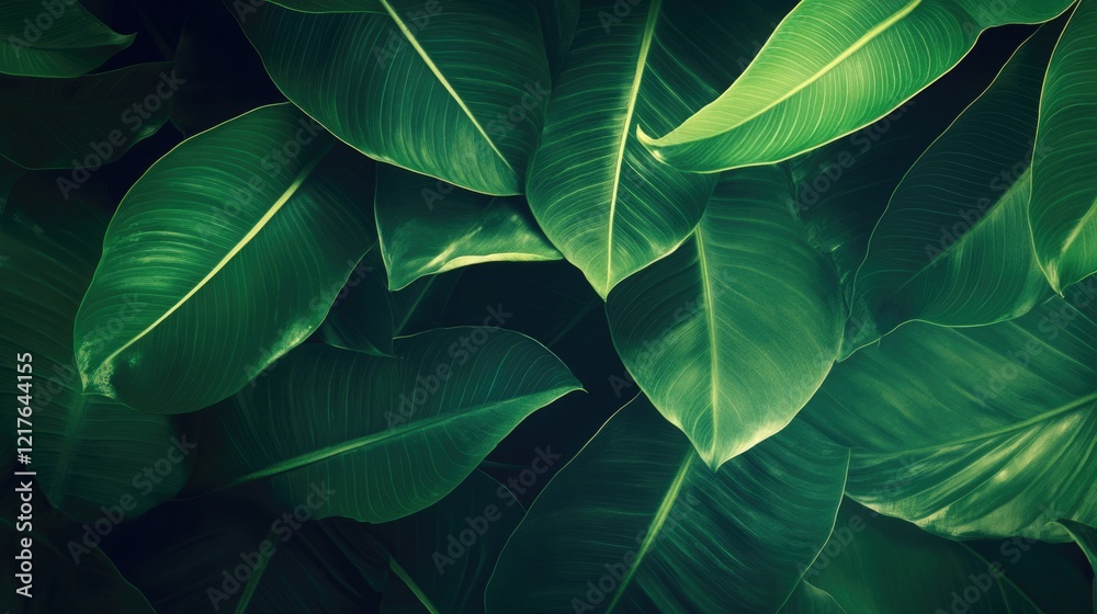 Obraz premium Close-up of lush green tropical leaves overlapping with rich textures and natural patterns Copy Space