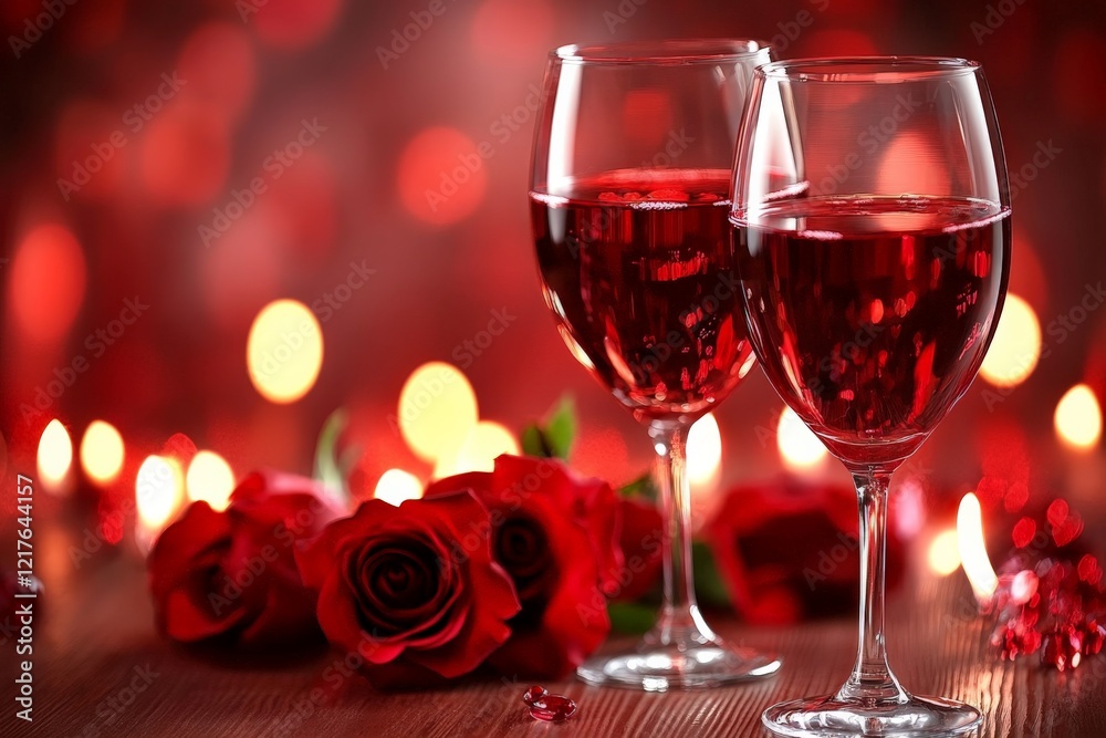 Romantic setting with red wine glasses and roses for an intimate evening celebration Romantic setting with red wine glasses and roses for an intimate evening celebration