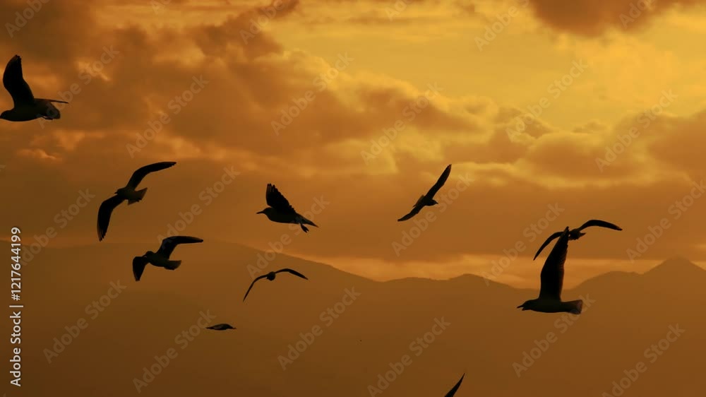 Slow-motion video capturing silhouettes of walking people and flying seagulls at the seaside during a serene golden sunset