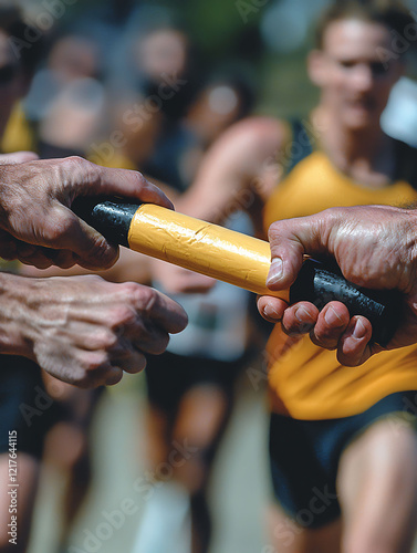 Closeup shot of a relay race baton exchange.  Two hands grasp the baton, emphasizing teamwork and competition.  Blurred background depicts runners in motion.