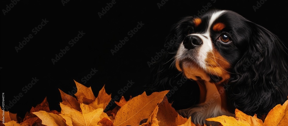 Cavalier King Charles Spaniel dog portrait with autumn leaves on dark background Copy Space Cavalier King Charles Spaniel dog portrait with autumn leaves on dark background Copy Space