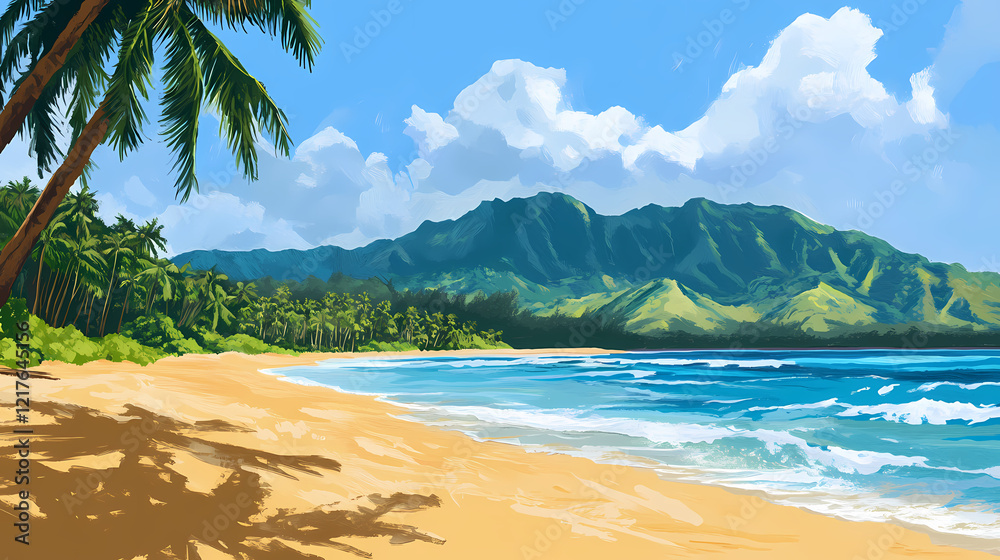 Tropical beach with calm turquoise water lapping at the golden sand, with a palm tree grove and a lush green mountain range in the background under a bright blue sky. Ocean Grove. Illustration Tropical beach with calm turquoise water lapping at the golden sand, with a palm tree grove and a lush green mountain range in the background under a bright blue sky. Ocean Grove. Illustration