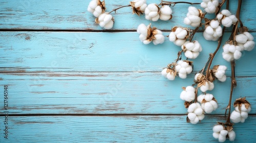 Wallpaper Mural Cotton branches with fluffy bolls on turquoise wooden background with Copy Space for text. Organic farming and textile industry concept. Torontodigital.ca