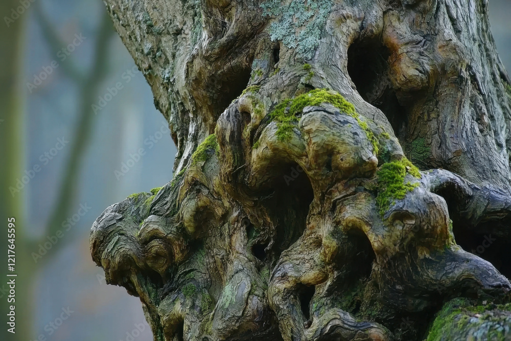 Close-up of gnarled tree bark with moss growing in the crevices, capturing the texture and beauty of nature Close-up of gnarled tree bark with moss growing in the crevices, capturing the texture and beauty of nature