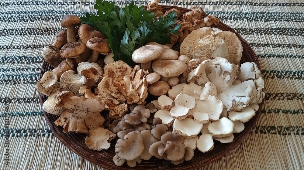 Fototapeta premium Variety of wild mushrooms displayed on a woven plate highlighting their culinary diversity and natural aesthetics