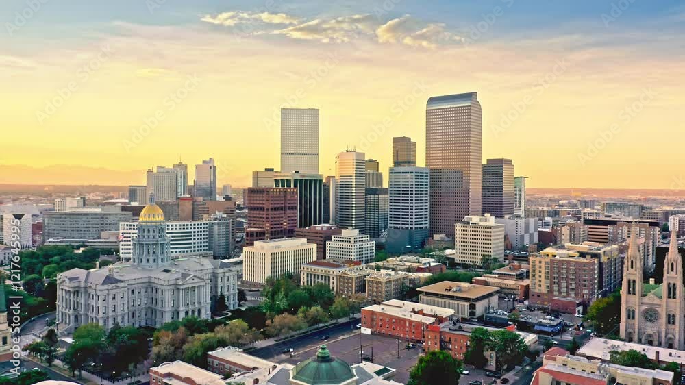 Aerial view of Colorado Capitol and Denver, Colorado skyline at sunset with slow rotation and panning motion. Denver is the capital, and most populous city of the US state of Colorado