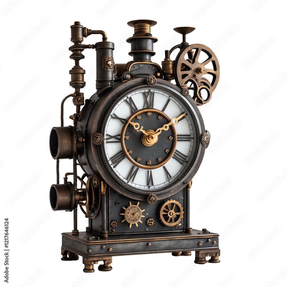 Fototapeta premium Detailed Steampunk Gear Clock Isolated on Transparent Background