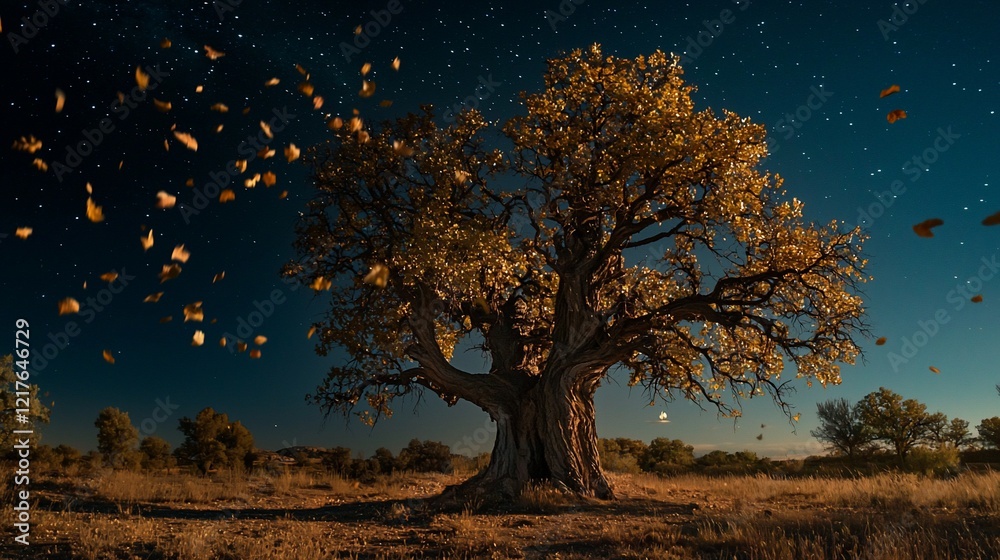 Ancient tree at night, leaves falling under starry sky. Ancient tree at night, leaves falling under starry sky.