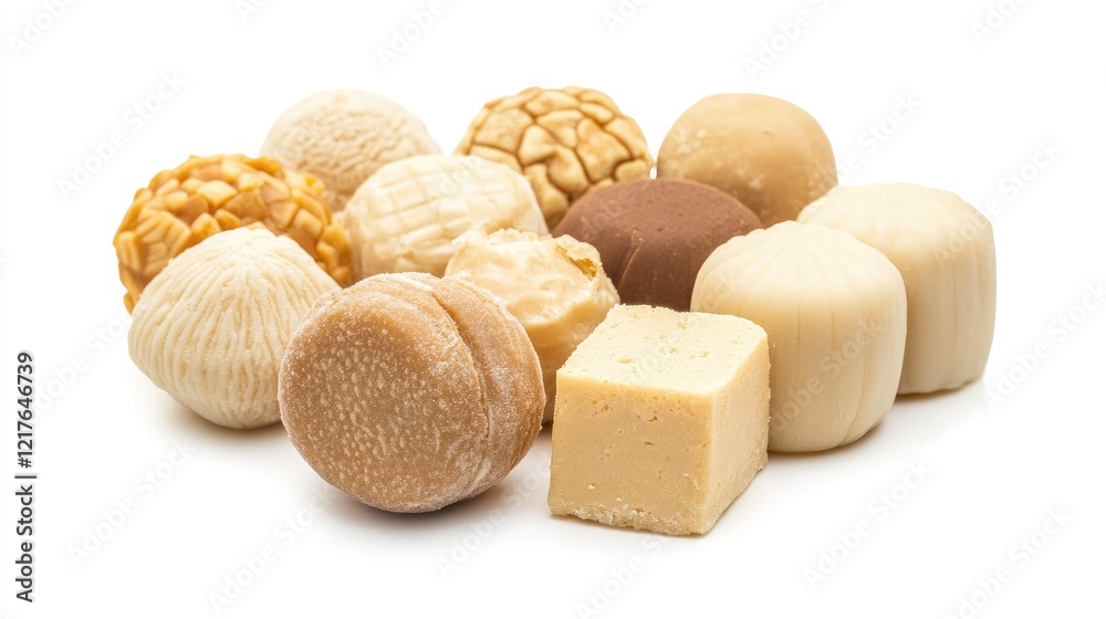 Assortment of traditional Indian mawa sweets arranged on white background showcasing a variety of milk based desserts and delicacies Assortment of traditional Indian mawa sweets arranged on white background showcasing a variety of milk based desserts and delicacies