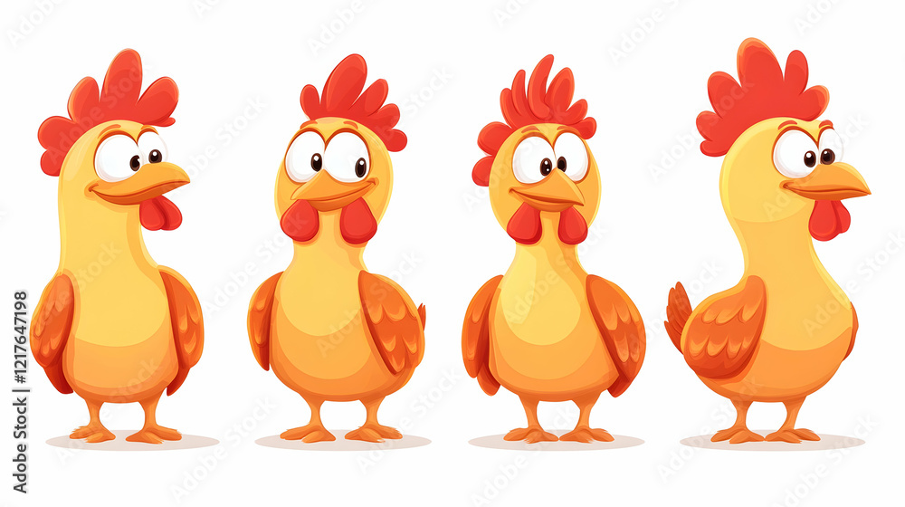 Naklejka premium Chicken set flat cartoon isolated on white background, vector illustration