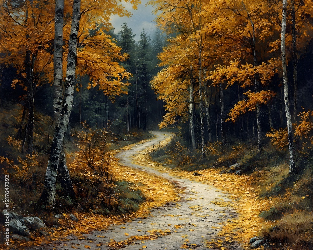 Fototapeta premium Golden-Leaved Autumn Forest with Winding Path for Book Covers – Generative AI