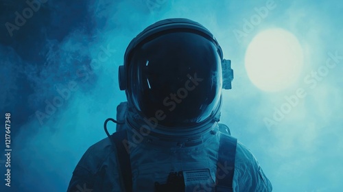 Astronaut silhouetted against a mysterious blue backdrop highlighting space exploration and adventure themes photo