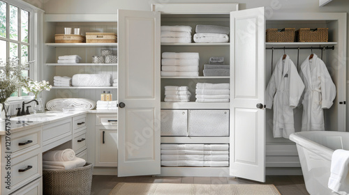 Neatly organized bathroom linen closet.