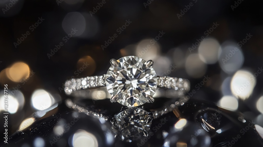 Elegant Diamond Engagement Ring on Glossy Surface with Sparkling Bokeh Background Elegant Diamond Engagement Ring on Glossy Surface with Sparkling Bokeh Background