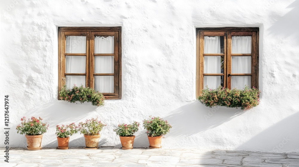 Whitewashed wall with wooden framed windows and flower pots on the ground featuring colorful blooms and copy space for text. Whitewashed wall with wooden framed windows and flower pots on the ground featuring colorful blooms and copy space for text.