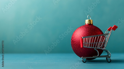 Christmas bauble with shopping cart on blue table, minimal Christmas or New Year concept