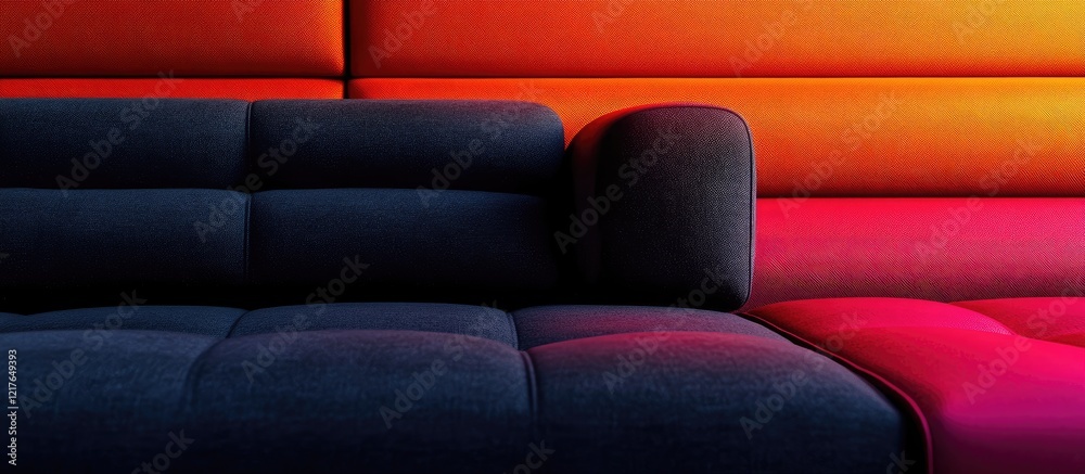 Fototapeta premium Elegant Black Sofa with Colorful Abstract Background Featuring Ample Copyspace for Text and Design Elements