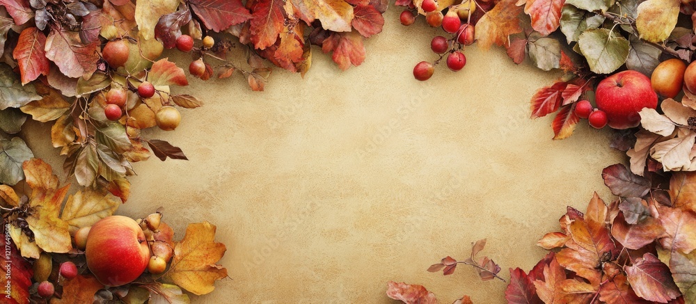 Fototapeta premium Autumn leaves and fruits border on aged textured background with empty space for text Copy Space