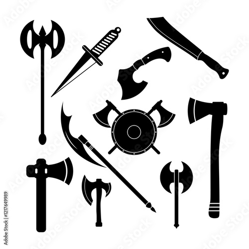 Set of Medieval Weapons Silhouettes Vector Illustration. The set includes various axes, a dagger, a machete, a spear, and a circular shield crossed with two battle axes. 