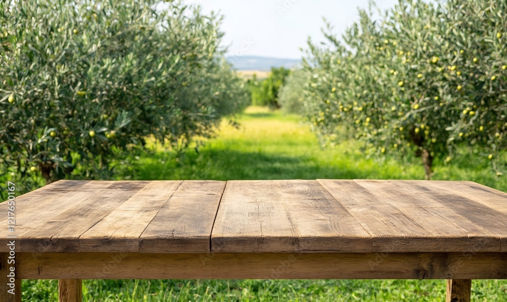 Rustic wooden table in olive grove Rustic wooden table in olive grove