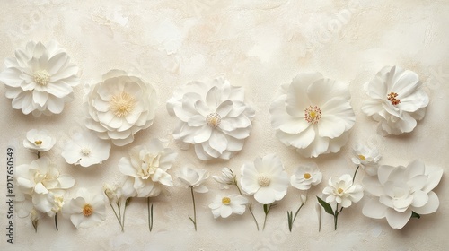 Delicate arrangement of assorted white flowers on a soft textured cream background for a serene and elegant aesthetic. photo