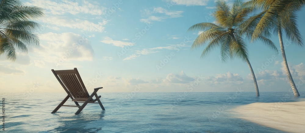 Fototapeta premium Serene beach chair by tranquil sea with palm trees and clear sky offering ample space for text overlay or promotional messaging