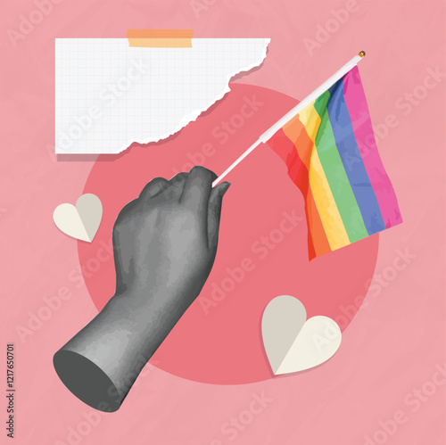 Hand holding LGBTQ+ flag, Valentine's Day collage featuring a hand making a heart gesture, Valentine concpet, Trendy retro 60s 70s cartoon style.