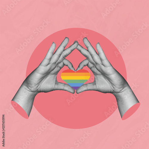 Hand LGBTQ+ celebration with lgbtq heart, Valentine's Day collage featuring a hand making a heart gesture, Valentine concpet, Trendy retro 60s 70s cartoon style.