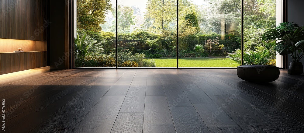 Fototapeta premium Modern interior of bright empty room with dark wood floor and large windows showcasing serene garden views ideal for rental property design.