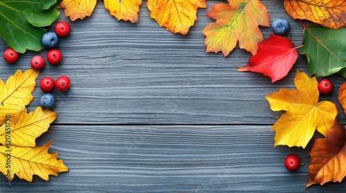 Autumn foliage and berries arrangement on rustic gray wooden table creating a warm seasonal background with ample copy space for text