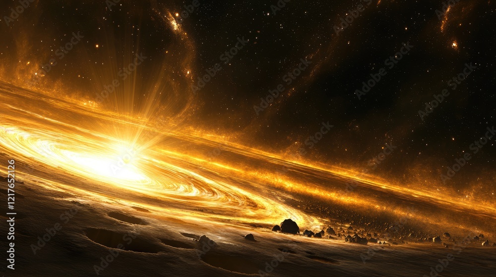 Fototapeta premium Golden swirling cosmic nebula in deep space with bright central light and rocky terrain in foreground, Copy Space available