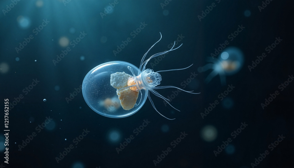 Obraz premium Microscopic zooplankton swimming in dark ocean waters, illuminated by light