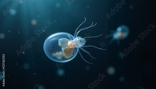 Microscopic zooplankton swimming in dark ocean waters, illuminated by light