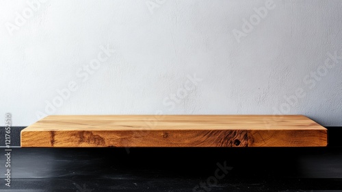 Wooden display shelf with a smooth surface and natural grain against a plain wall background Copy Space photo