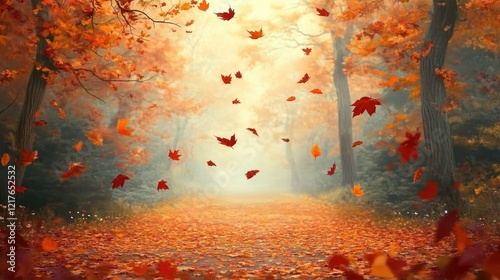 Serene Autumn Forest Pathway with Falling Leaves Creating a Tranquil Scenic Retreat for Nature Lovers